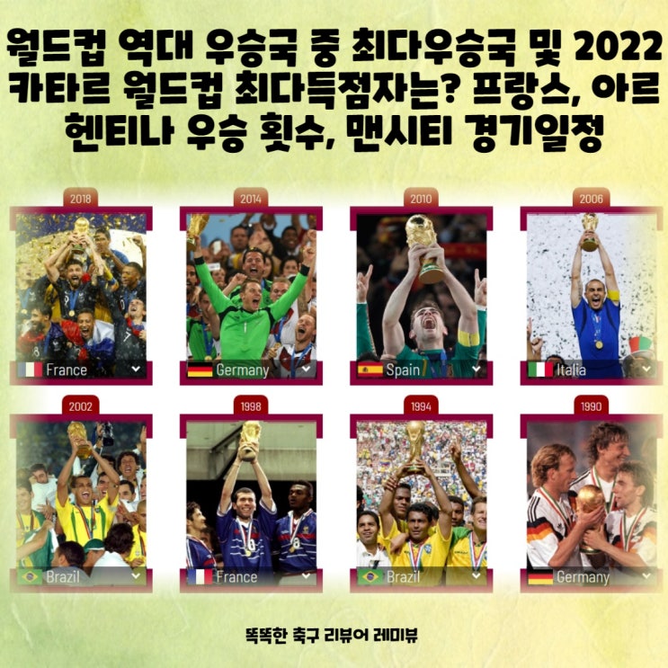 월드컵 역대 우승국 중 최다 우승국 및 2022 카타르 월드컵 최다 득점자는? 프랑스, 아르헨티나 우승 횟수, 맨시티 경기 일정 월드컵 역대 우승국 중 최다 우승국 및 2022 카타르 월드컵 최다 득점자는? 프랑스, 아르헨티나 우승 횟수, 맨시티 경기 일정