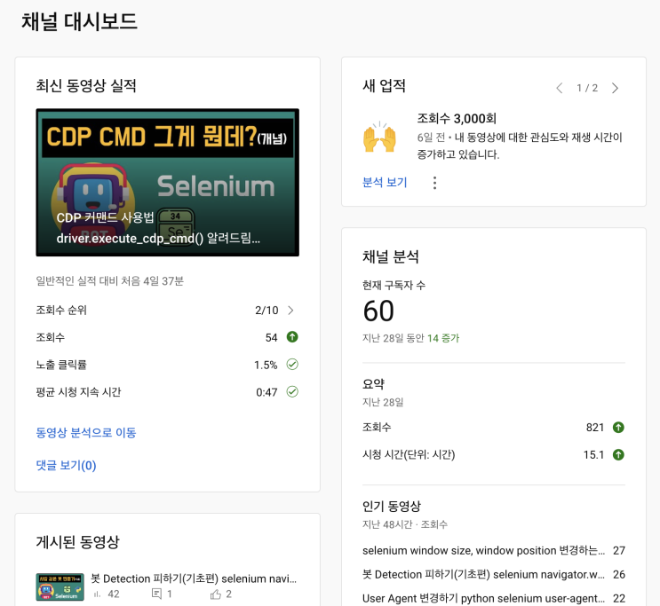  유튜브 채널 분석 대시보드 기록 조회수랑 수익 비례함