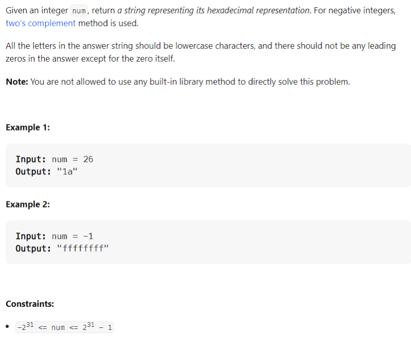 Java convert a number to hexadecimal leetcode 405 