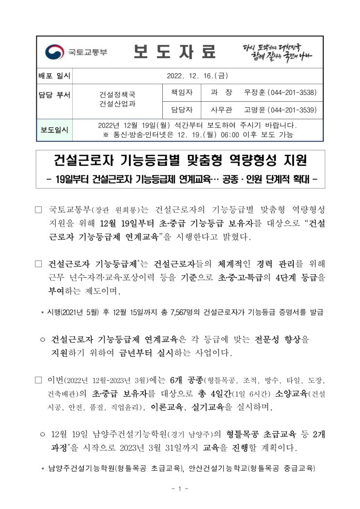 건설근로자 기능등급별 맞춤형 역량형성 지원(국토교통부) 건설근로자 기능등급별 맞춤형 역량형성 지원(국토교통부)