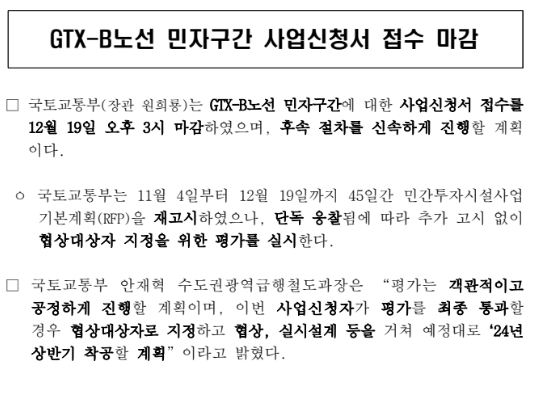 GTX-B노선 민자구간 사업신청서 접수 마감 GTX-B노선 민자구간 사업신청서 접수 마감