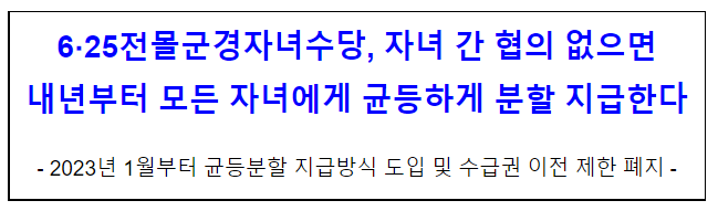 6·25전몰군경자녀수당, 자녀 간 협의 없으면 내년부터 모든 자녀에게 균등 분할 지급 6·25전몰군경자녀수당, 자녀 간 협의 없으면 내년부터 모든 자녀에게 균등 분할 지급