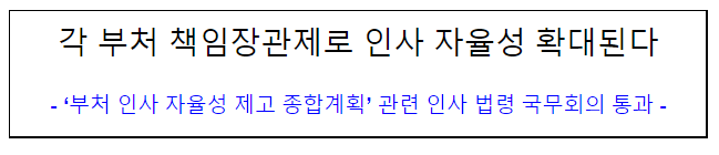부처 인사 자율성 제고 종합계획 관련 인사 법령 국무회의 통과(각 부처 책임장관제로 인사 자율성 확대된다) 부처 인사 자율성 제고 종합계획 관련 인사 법령 국무회의 통과(각 부처 책임장관제로 인사 자율성 확대된다)