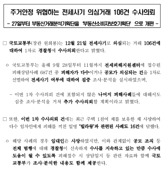 주거안정 위협하는 전세사기 의심거래 106건 수사의뢰_국토교통부 주거안정 위협하는 전세사기 의심거래 106건 수사의뢰_국토교통부
