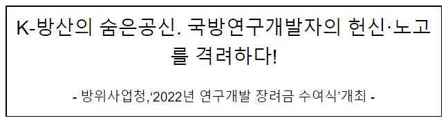 2022년 연구개발 장려금 수여식 개최(K-방산의 숨은공신. 국방연구개발자의 헌신·노고를 격려하다!)