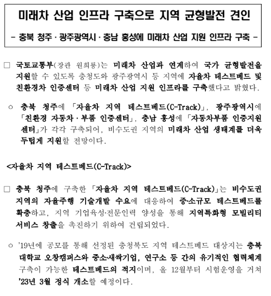 미래차 산업 인프라 구축으로 지역 균형발전 견인(충북 청주·광주광역시·충남 홍성에 미래차 산업 지원 인프라 구축) 미래차 산업 인프라 구축으로 지역 균형발전 견인(충북 청주·광주광역시·충남 홍성에 미래차 산업 지원 인프라 구축)