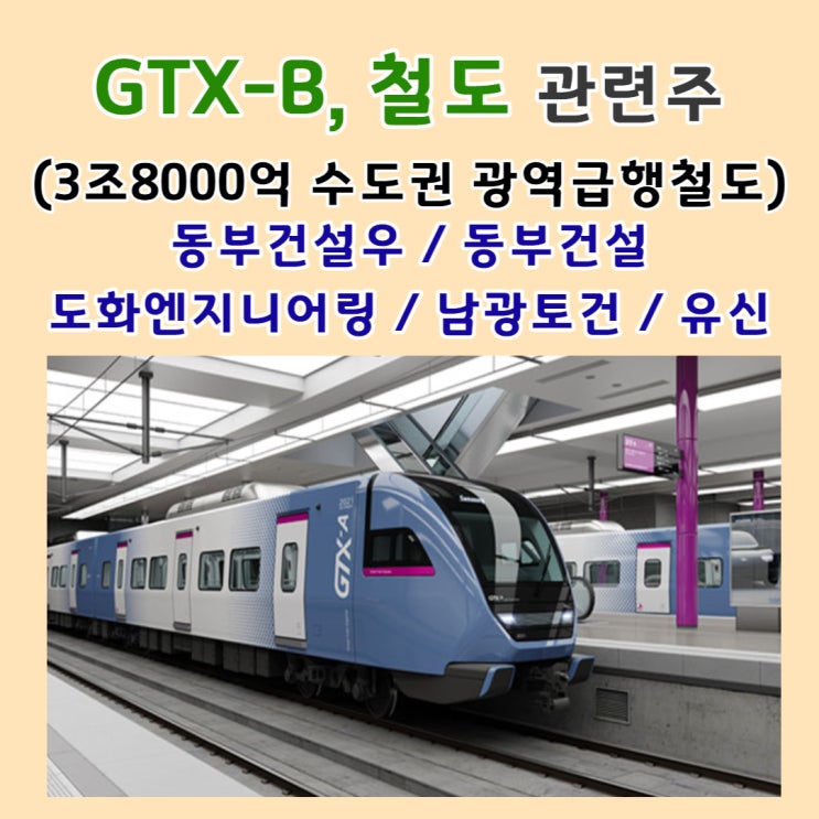  GTX-B 노선 철도 관련주 / 수도권 광역급행철도 3조8000억 민자구간 사업, 대우건설 컨소시엄 품으로 / 동부건설우, 동부건설, 남광토건, 도화엔지니어링, 유신