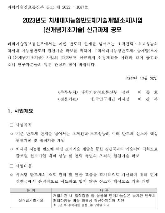 2023년 차세대지능형반도체기술개발(소자)사업(신개념기초기술) 신규과제 공모 2023년 차세대지능형반도체기술개발(소자)사업(신개념기초기술) 신규과제 공모