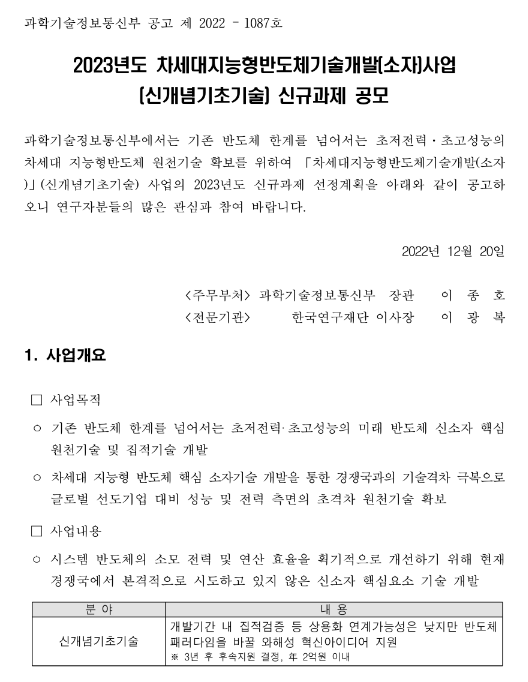 2023년 차세대지능형반도체기술개발(소자)사업(신개념기초기술) 신규과제 공모