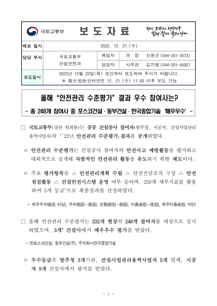 올해 “안전관리 수준평가” 결과 우수 참여사는?(국토교통부) 올해 “안전관리 수준평가” 결과 우수 참여사는?(국토교통부)