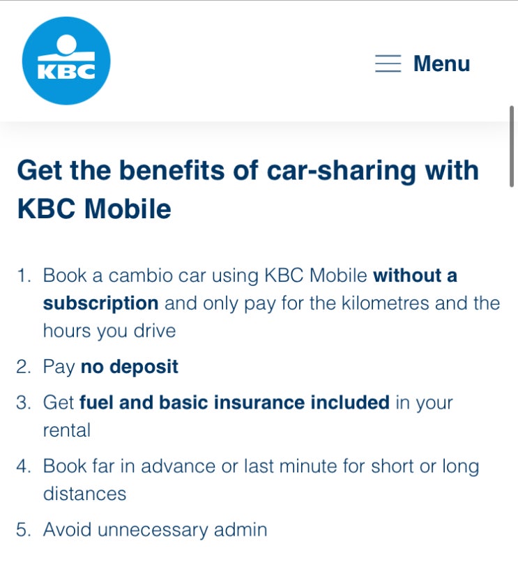 벨기에 은행 KBC의 cambio 자동차 렌트에 대해 벨기에 은행 KBC의 cambio 자동차 렌트에 대해