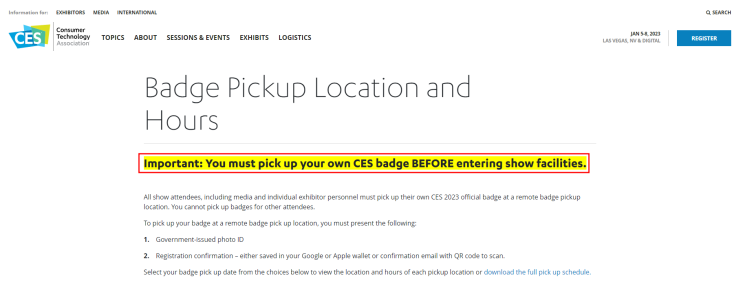  CES 2023 뱃지 픽업장소, 고객 센터 미리 알아두기