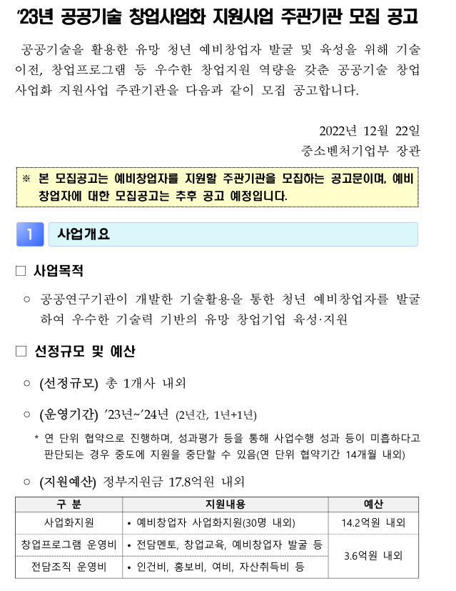2023년 공공기술 창업사업화 지원사업 주관기관 모집 공고 2023년 공공기술 창업사업화 지원사업 주관기관 모집 공고