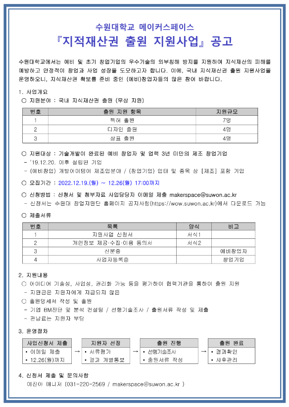 수원대학교 메이커스페이스 지식재산권 출원 지원사업 공고