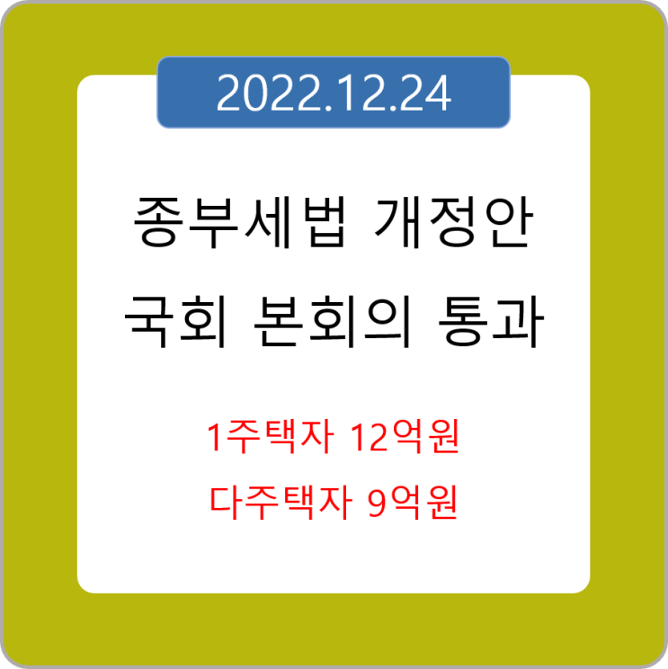  종부세법 본회의 통과 / 1주택자 12억, 다주택자 9억 상향조정