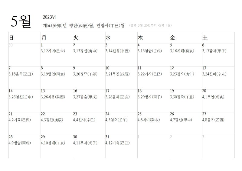 2023년 음력달력 12간지 한자 표기 무료 다운로드 : 네이버 블로그