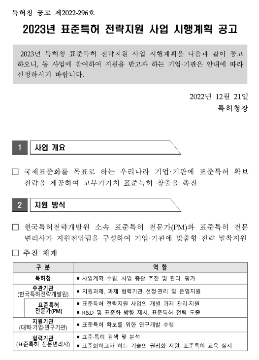 2023년 표준특허 전략지원 사업 시행계획 공고