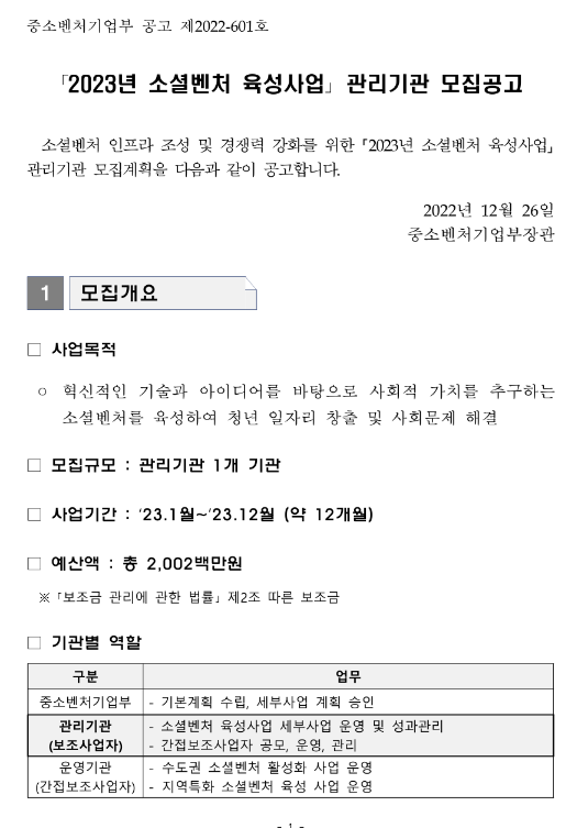 2022년 소셜벤처 육성사업 보조사업자 모집 연장 공고