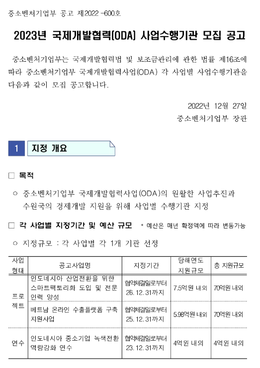 2023년 국제개발협력(ODA) 사업수행기관 모집 공고