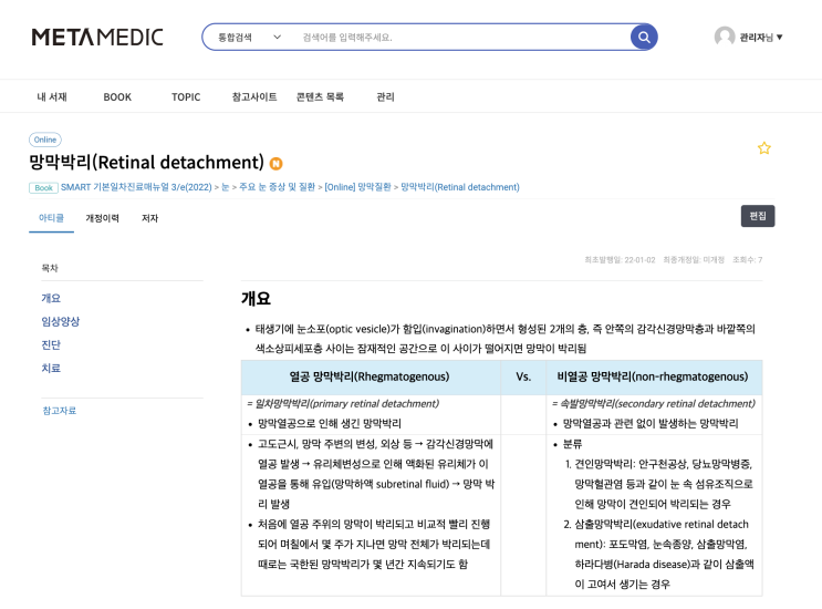  망막박리 (Retinal detachment): 개요, 임상양상, 진단, 치료 - 망막열공, 열공 망막박리 Rhegmatogenous, 비열공, 일차, 속발, 견인, 삼출