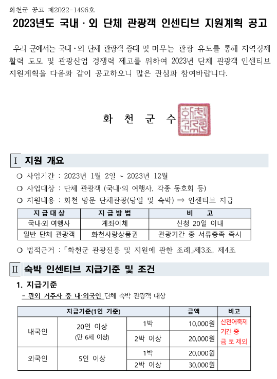 2023년 강원도 화천군 국내ㆍ외 단체 관광객 인센티브 지원계획 공고 2023년 강원도 화천군 국내ㆍ외 단체 관광객 인센티브 지원계획 공고