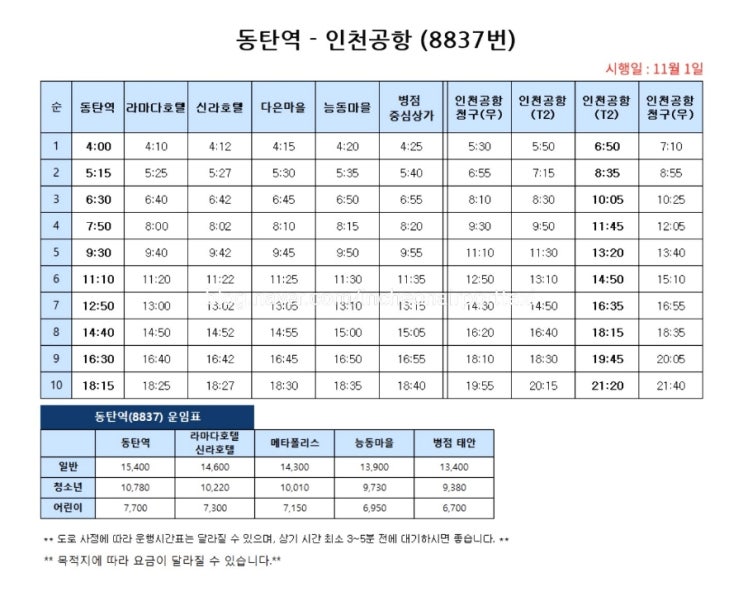  동탄역 인천공항 리무진 8837번 공항버스시간과 요금