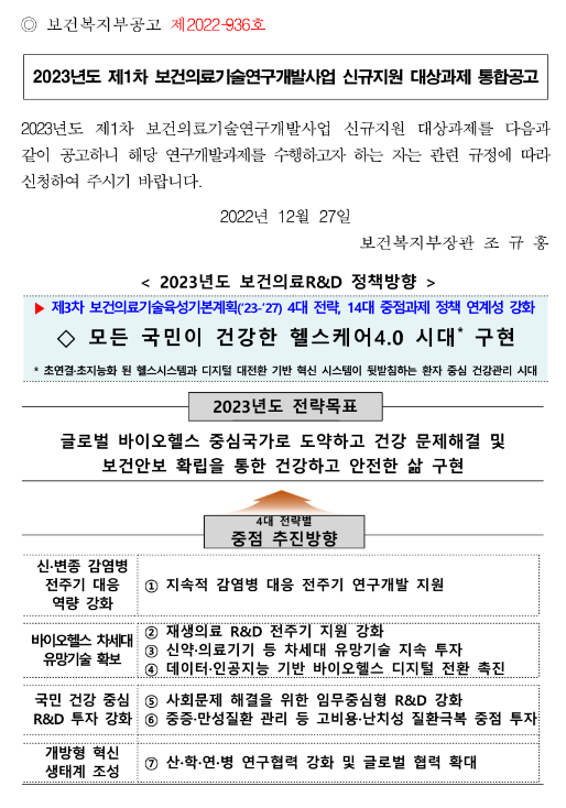 2023년 1차 보건의료기술연구개발사업 신규지원 대상과제 통합 공고