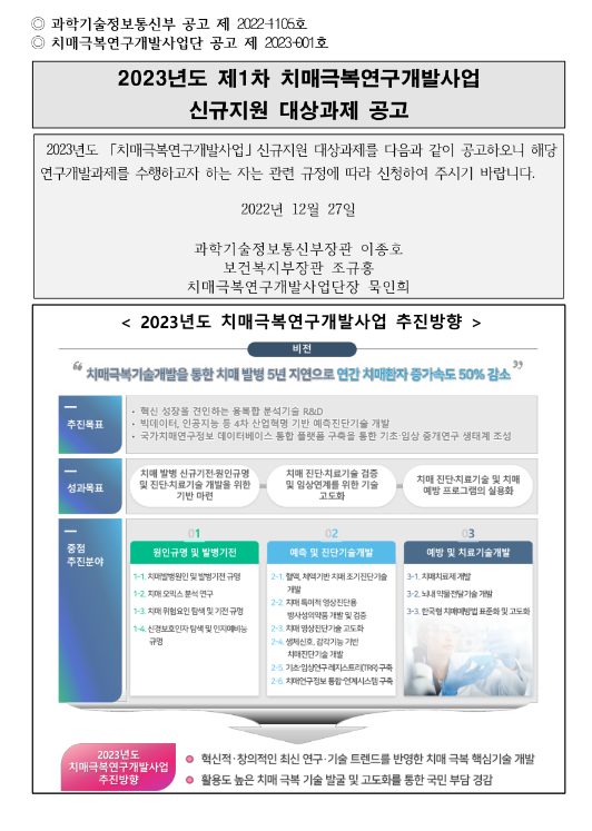 2023년 1차 치매극복연구개발사업 신규지원 대상과제 공고 2023년 1차 치매극복연구개발사업 신규지원 대상과제 공고