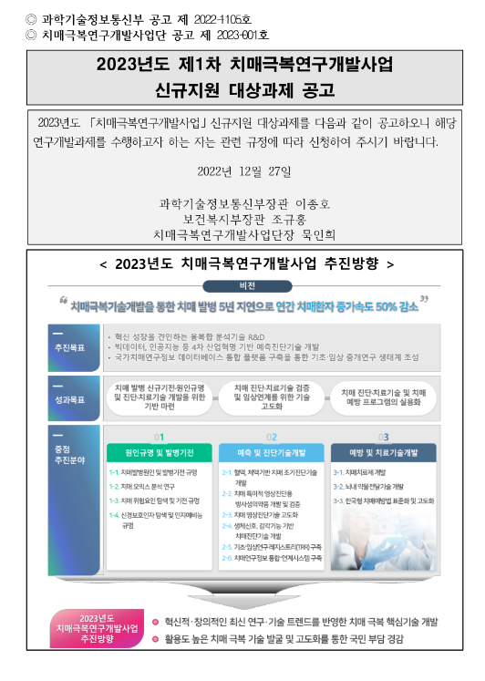 2023년 1차 치매극복연구개발사업 신규지원 대상과제 공고