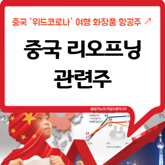  중국 리오프닝 관련주 : 제주항공, 진에어, 애경산업, 하나투어, 코스맥스, 호텔신라, 롯데관광개발 등 항공주, 화장품관련주, 여행관련주