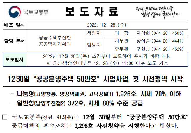 공공분양주택 50만호 시범사업 첫 사전청약 12.30일 시작