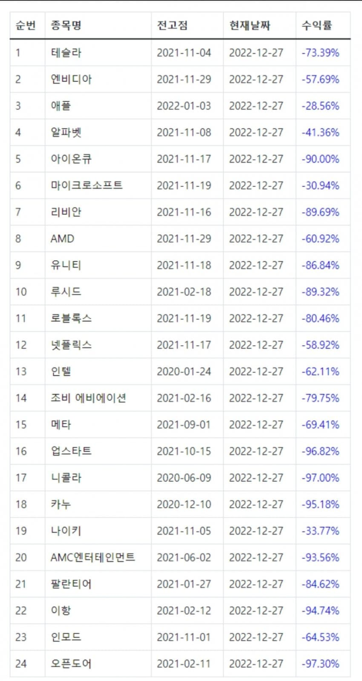 서학개미 인기 투자 종목의 고점 대비 하락율 [최고의 기업/국가에 투자해도 상투는 존재한다]