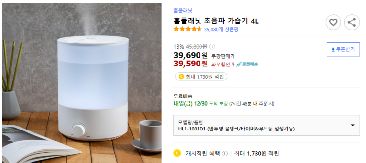 [쿠팡] 홈플래닛 초음파 가습기 4L 39,590원