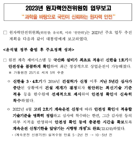 2023년 원자력안전위원회 업무계획(과학을 바탕으로 국민이 신뢰하는 원자력 안전) 2023년 원자력안전위원회 업무계획(과학을 바탕으로 국민이 신뢰하는 원자력 안전)