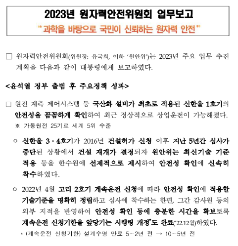 2023년 원자력안전위원회 업무계획(과학을 바탕으로 국민이 신뢰하는 원자력 안전)