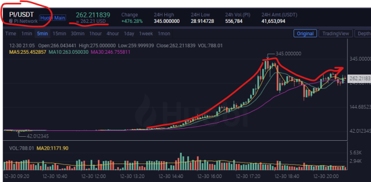 파이코인(PI) 후오비 거래소에서 떡상중! 300달러 찍었네! 와우! 미쳤다! 평가금액 잔고가 583억? 