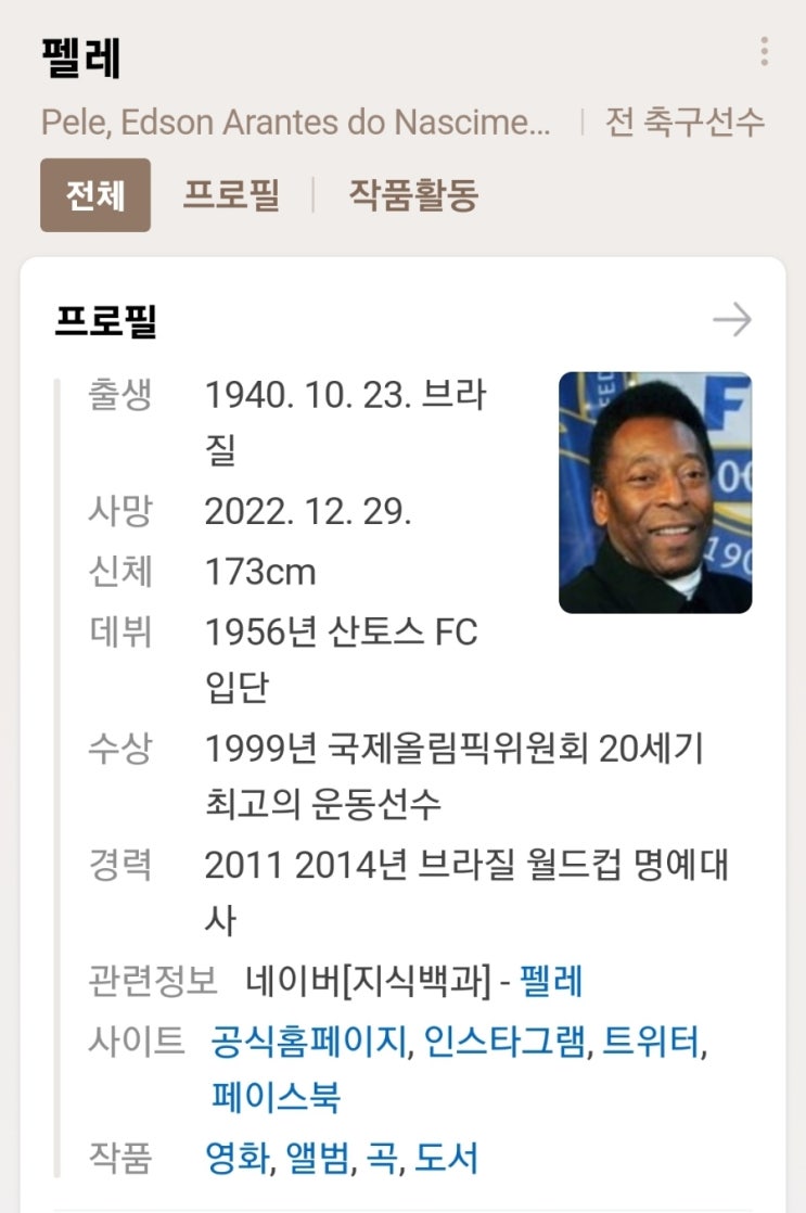  축구황제 펠레, 82세 나이로 별세