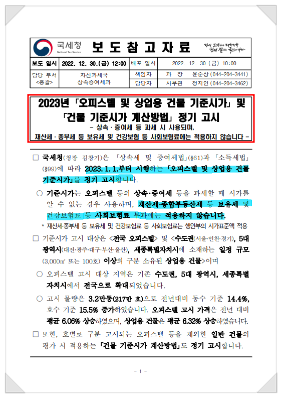  23년 『오피스텔 및 상업용 건물 기준시가』  및  『건물 기준시가 계산 방법』 정기 고시
