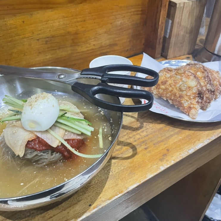  북촌손만두에서 물냉면이랑 튀김 만두 먹었어요