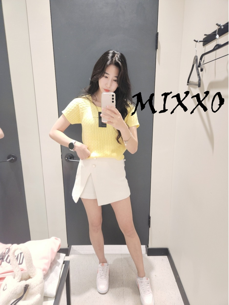  [MIXXO] 스퀘어넥 케이블 풀오버 반팔 니트