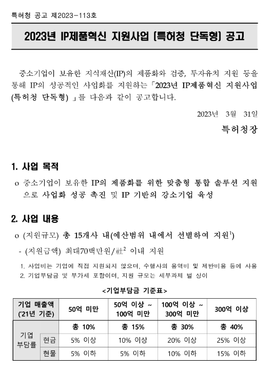 2023년 IP제품혁신 지원사업(특허청 단독형) 공고