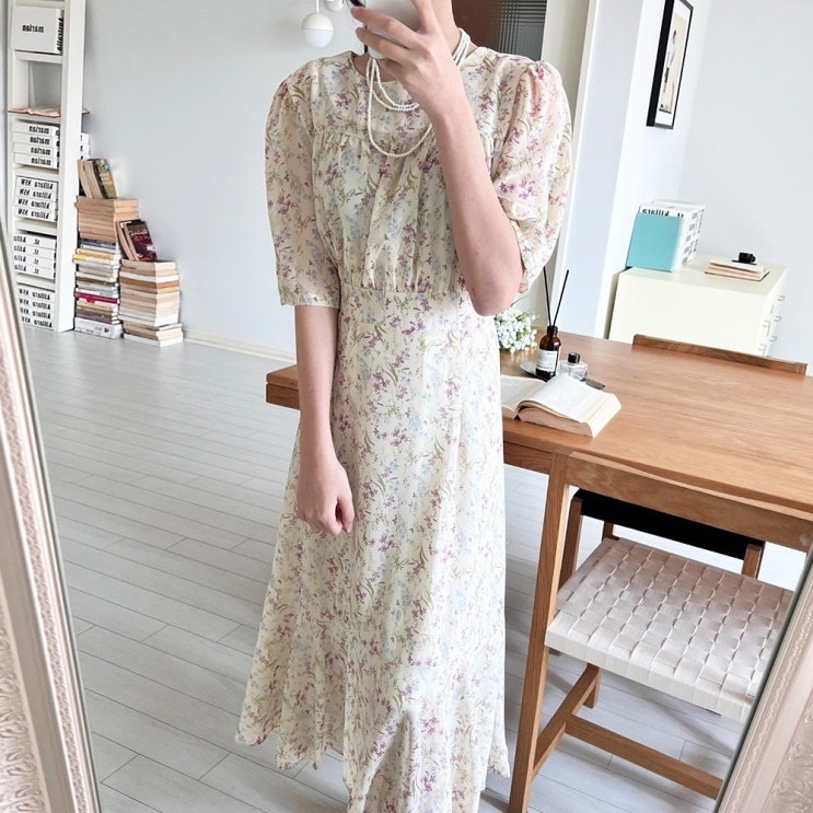  여성 쉬폰 원피스 플라워 나염 프릴 롱 원피스 반팔원피스