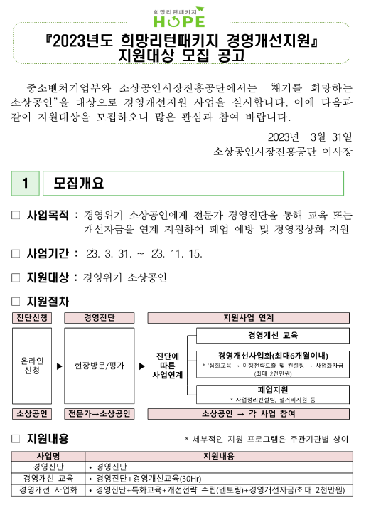 2023년 희망리턴패키지 경영개선지원 지원대상 모집 공고