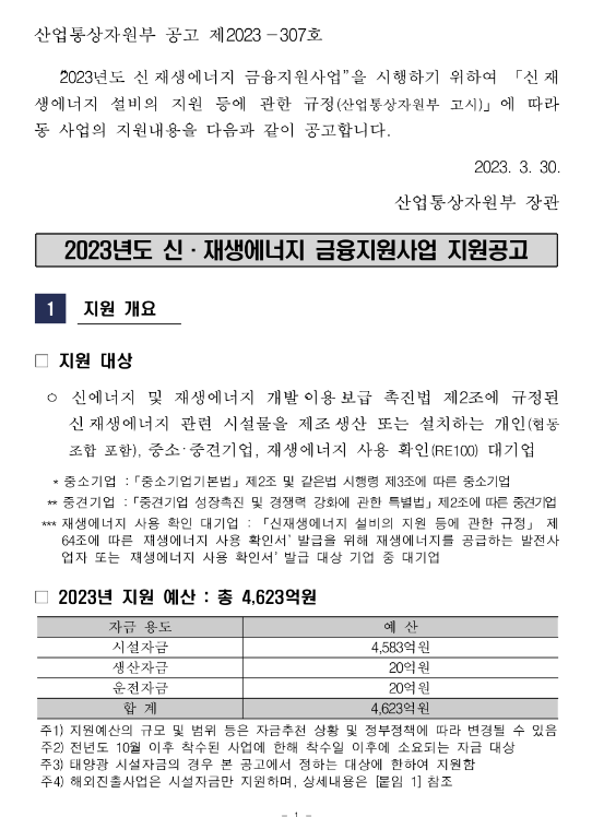 시설자금(2023년 신ㆍ재생에너지 금융지원사업 지원 공고)