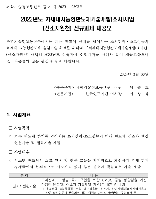 2023년 차세대지능형반도체기술개발(소자)사업(신개념기초기술) 신규과제 재공고