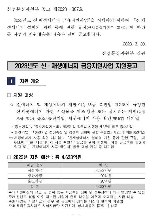 운전자금(2023년 신ㆍ재생에너지 금융지원사업 지원 공고)