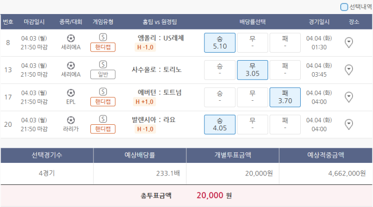  4월3일 세리에A EPL 라리가 축구 스포츠 토토 프로토 승부식 38회차 경기 분석 기록용