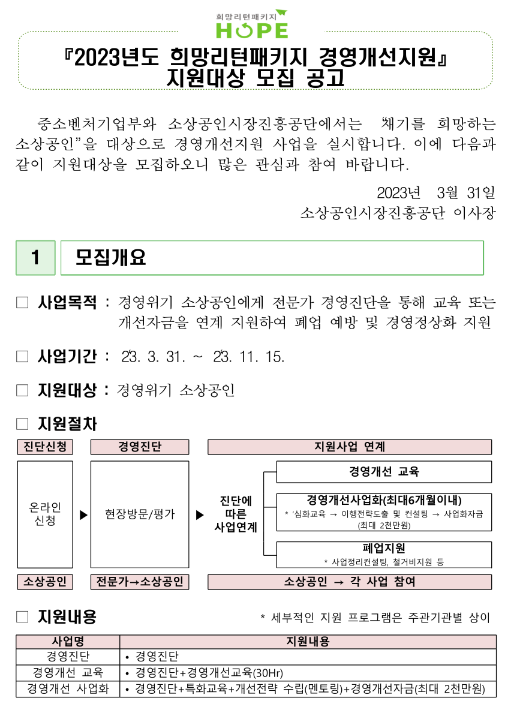 2023년 희망리턴패키지 경영개선지원 지원대상 모집 공고 2023년 희망리턴패키지 경영개선지원 지원대상 모집 공고
