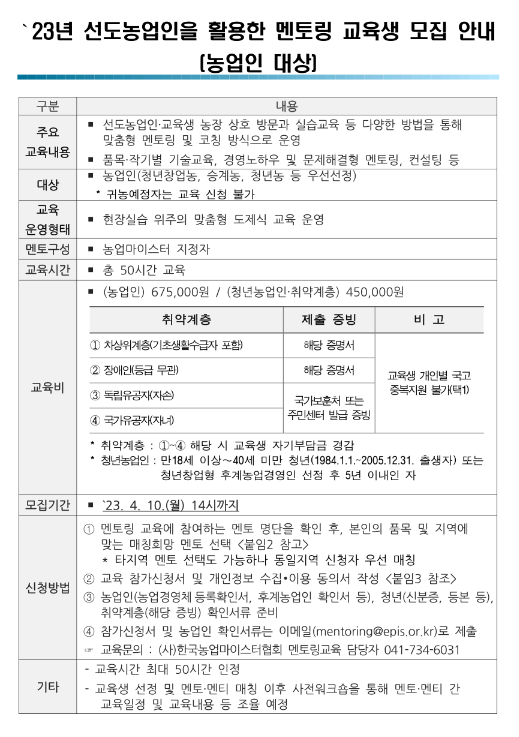 [경남] 김해시 2023년 선도농업인을 활용한 멘토링 교육 안내