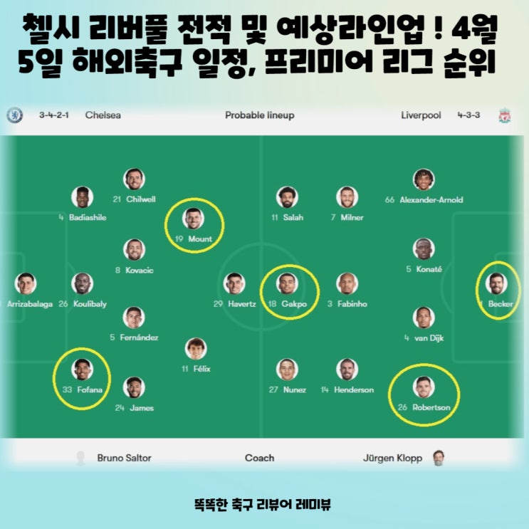 첼시 리버풀 전적 및 예상라인업 ! 4월 5일 해외축구 일정, 프리미어 리그 순위